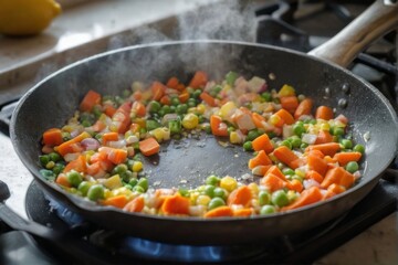 Sizzling diced vegetable medley on gas stove inside frying pan with steam and lemons on kitchen countertop.