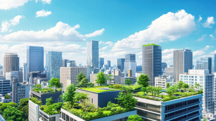 vibrant cityscape featuring green rooftops and urban gardens, showcasing modern architecture and clear blue sky. scene reflects sustainability and urban living