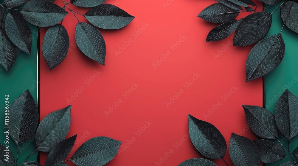 Poster rose leaves abstract background concept. a vibrant backdrop with dark leaves framing a striking red 