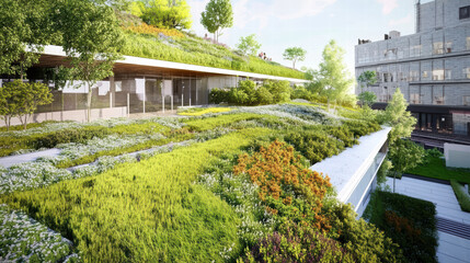 Fototapeta premium vibrant green roof showcases benefits of sustainable architecture, featuring lush vegetation, diverse plant life, and eco friendly design elements