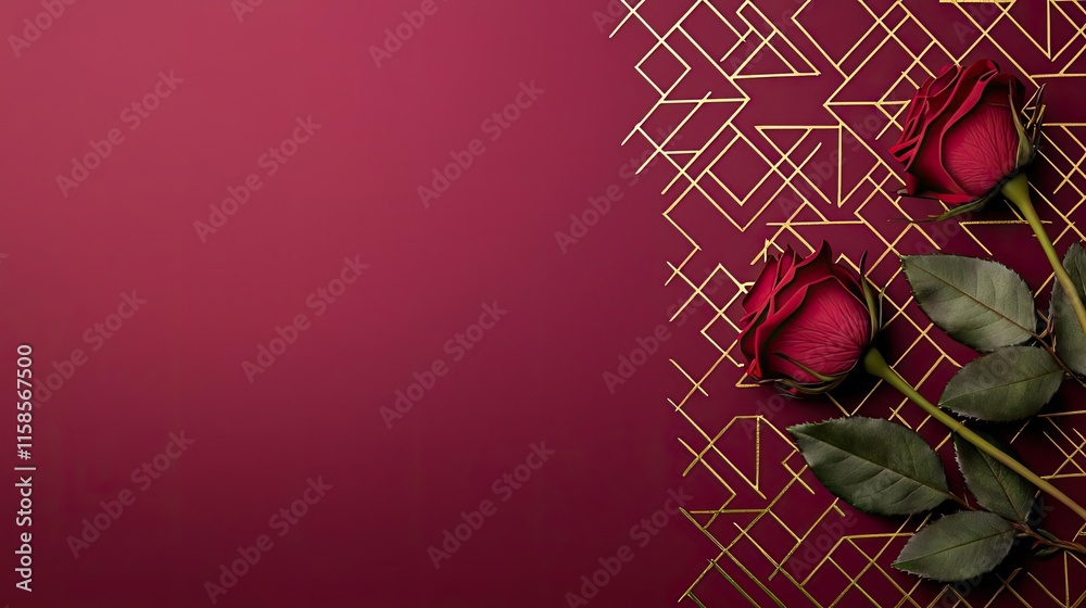 Poster rose leaves abstract background concept. beautiful red roses on a stylish maroon background with geo