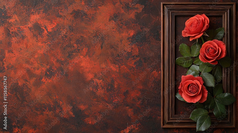 Poster rose leaves abstract background concept. elegant red roses in a frame against a textured brown backg