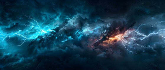 Dramatic Thunderstorm Scene with Intense Lightning Strikes and Dark Cloud Background in a Night Sky Setting