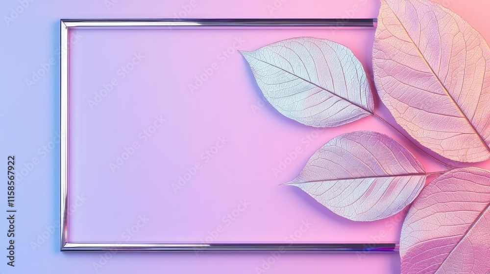 Poster rose leaves abstract background concept. a minimalist design featuring pastel leaves and a sleek fra