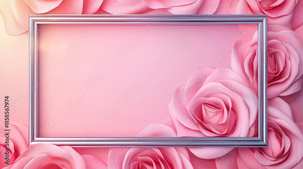 Poster rose leaves abstract background concept. a pastel background adorned with pink roses framing an empt