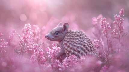 Obraz premium Cute hedgehog figurine in pink flowers.