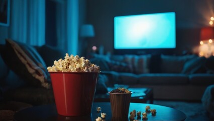 Cozy Living Room with Big Screen TV, Movie Night Snacks, and Warm String Lights Creating an Inviting Atmosphere.