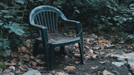 Abandoned Plastic Chair Surrounded by Leaves in Dense Forest Area