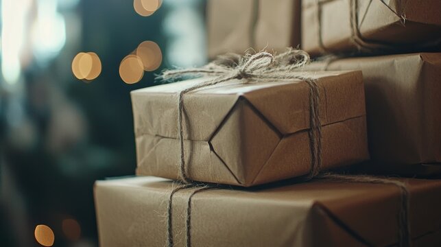 Stack of rustic brown wrapped gifts with twine.