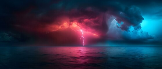 Fototapeta premium Dramatic Lightning Strike Over Dark Ocean Waves Under Fiery Red and Blue Storm Skies