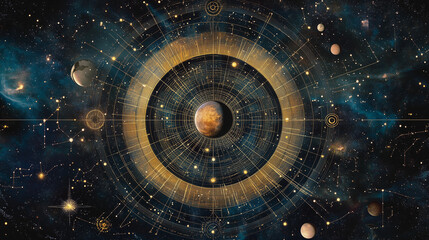 Okrągły wykres horoskopowy z dokładnymi pozycjami planet, podziałem na dwanaście domów i zodiak, otoczony delikatnym blaskiem gwiaździstego nieba, tworzący harmonijną i kosmiczną kompozycję.