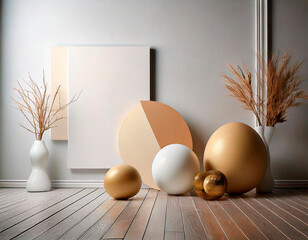 A modern indoor setting features a blend of large geometric shapes in soft tones, accompanied by vases of dried grass. The warm wood floor enhances the minimalist aesthetic