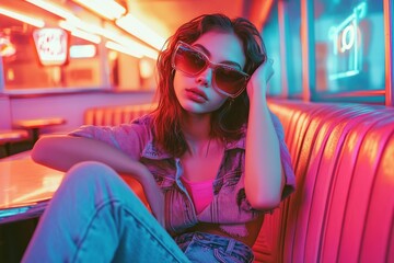 Gen Z girl in oversized sunglasses and high-waisted jeans, leaning on a retro diner booth, neon lights illuminating her face, playful and nostalgic mood