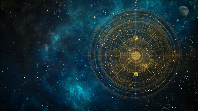 Okrągły wykres horoskopowy z dokładnymi pozycjami planet, podziałem na dwanaście dom&oacute;w i zodiak, otoczony delikatnym blaskiem gwiaździstego nieba, tworzący harmonijną i kosmiczną kompozycję.