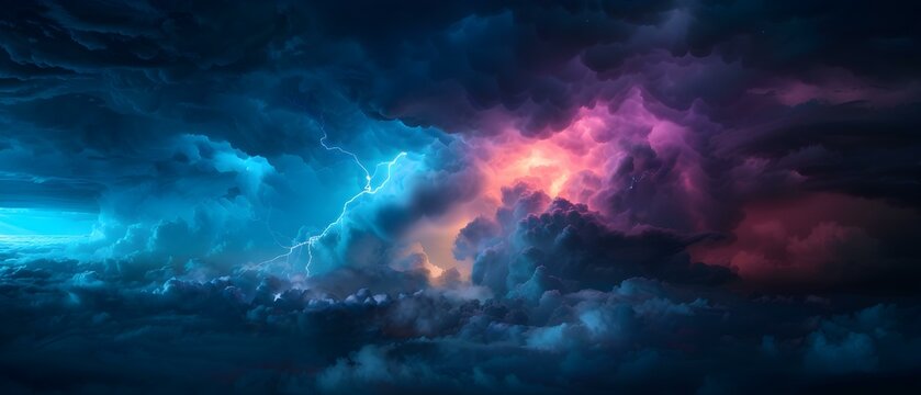 Dramatic Thunderstorm Clouds with Electric Lightening and Colorful Atmosphere Over a Dark Sky