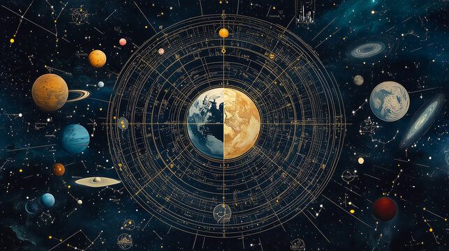 Okrągły wykres horoskopowy z dokładnymi pozycjami planet, podziałem na dwanaście dom&oacute;w i zodiak, otoczony delikatnym blaskiem gwiaździstego nieba, tworzący harmonijną i kosmiczną kompozycję.