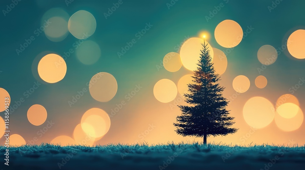 Poster Pine tree abstract background idea. A beautiful Christmas tree adorned with colorful lights against a bokeh background.