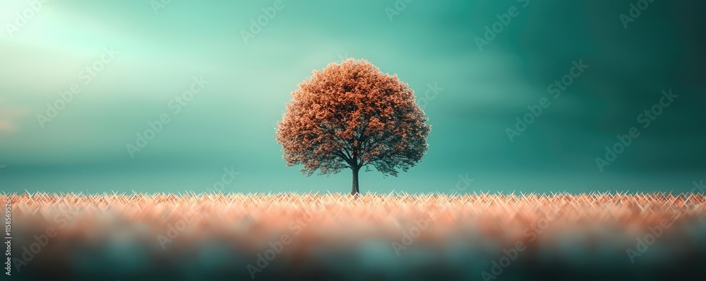 Poster plane tree abstract background idea. a solitary tree stands gracefully against a serene sky and lush