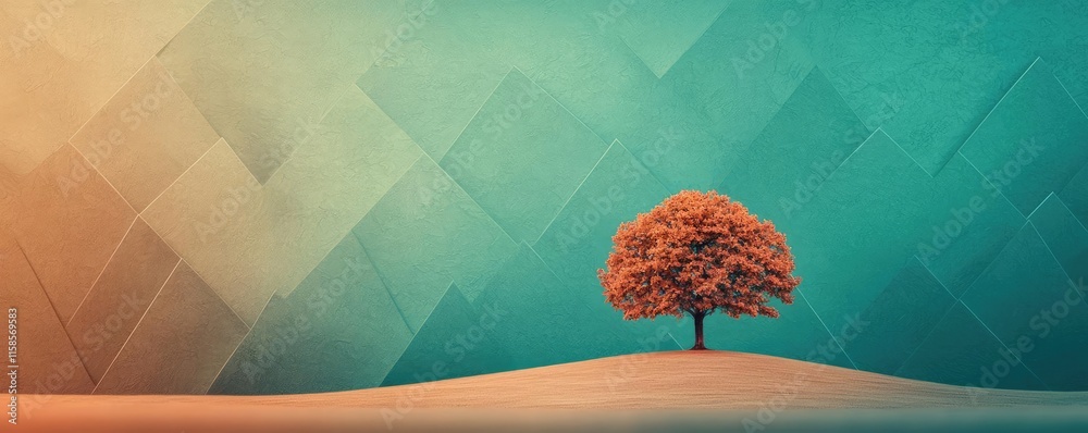 Poster Plane tree abstract background idea. A vibrant solitary tree stands against a colorful abstract background.