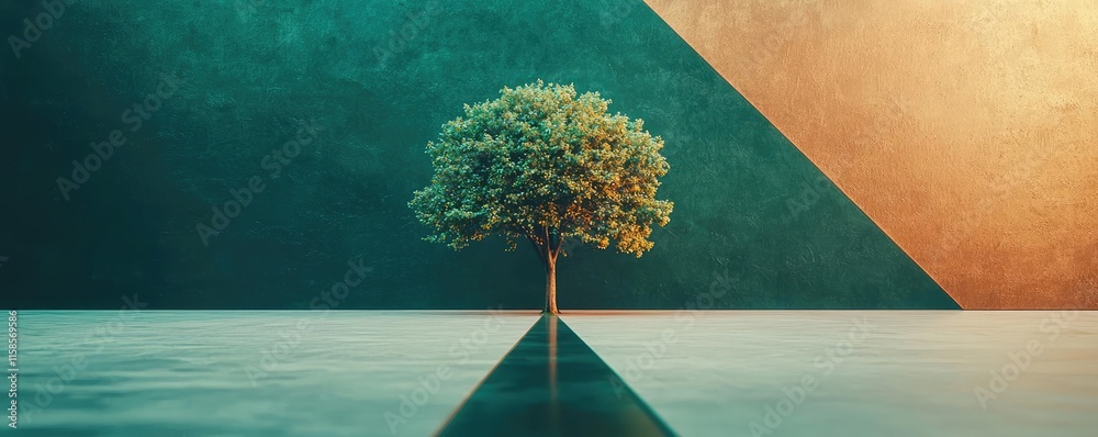 Poster plane tree abstract background idea. a solitary tree stands against a vibrant geometric backdrop, sy