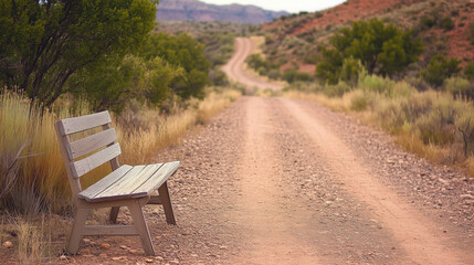 Prosta drewniana ławka stojąca obok drogi z ziemi, tworząca cichą i nostalgicznie nastrojową scenerię w naturalnym otoczeniu.