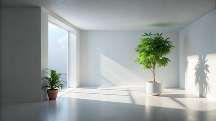 3D White Interior Design Mockup: Sunlit Empty Room with Plant & Central Wall Opening for Furniture Presentation