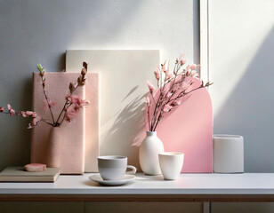 On a bright surface, a stylish arrangement showcases vases with pink flowers, pastel backgrounds, and simple ceramic cups, creating a serene atmosphere