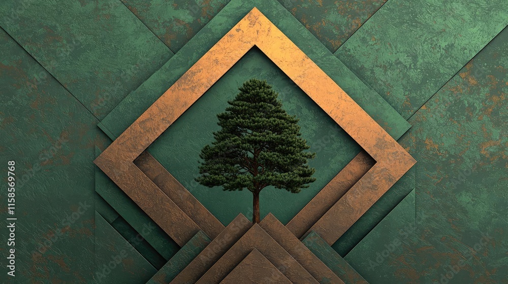 Aufkleber Pine tree abstract background idea. A beautiful tree framed by geometric shapes, symbolizing nature and design harmony.