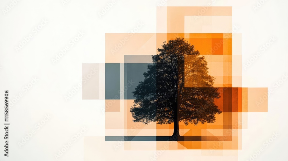 Poster plane tree abstract background idea. stylized tree silhouette with geometric overlay in warm, muted 