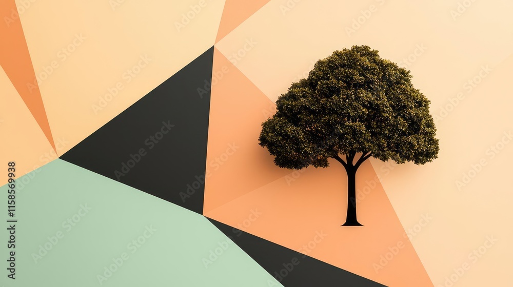 Poster Plane tree abstract background idea. Creative tree design on a vibrant geometric background in pastel colors.