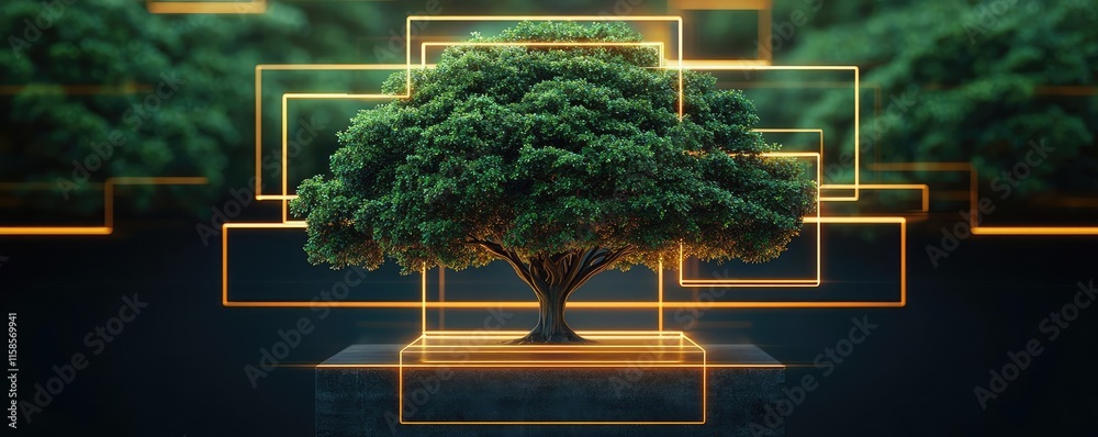 Poster Plane tree abstract background idea. A vibrant tree surrounded by glowing frames, showcasing nature's beauty and creativity.