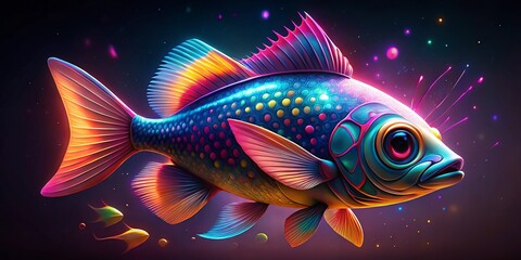 Fototapeta premium 4K Neon Fish Cartoon Character: Rule of Thirds Composition