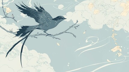 Fototapeta premium Elegant blue bird perched on a branch amidst stylized clouds and flowers.
