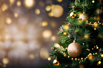 Golden balls hanging on the branches of a Christmas tree against the background of blurred lights. Free space for text. Festive New Year background.