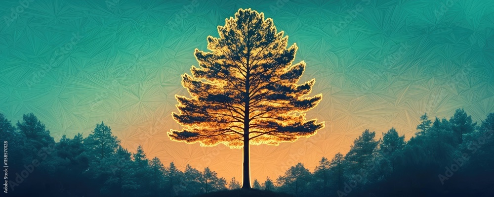 Aufkleber pine tree abstract background idea. stunning silhouette of a tree against a colorful sunset in a tra