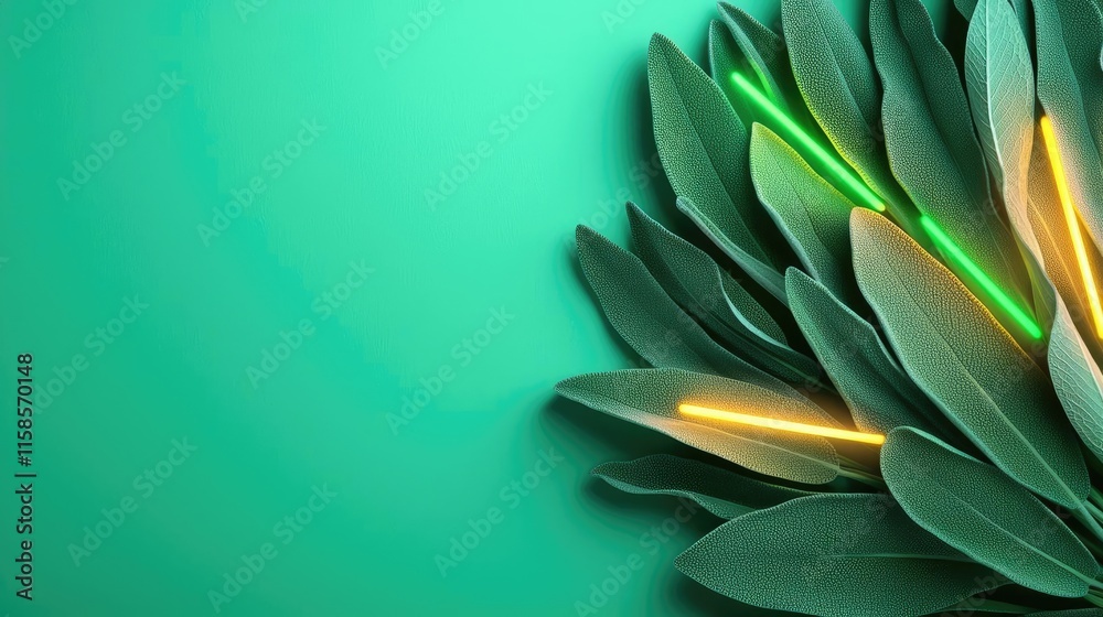 Poster Sage leaves abstract background concept. Vibrant green leaves with glowing accents create a dynamic and fresh visual.