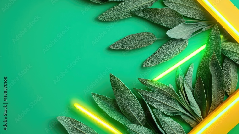 Poster sage leaves abstract background concept. vibrant green leaves with neon lights creating a modern bot