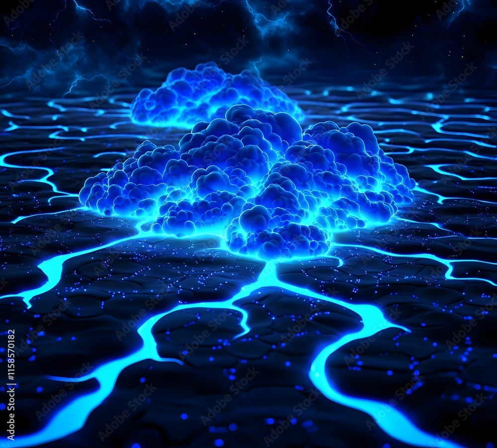 Poster digital cloud network, an intricate web of clouds linked by vibrant data nodes, showcasing the fusio