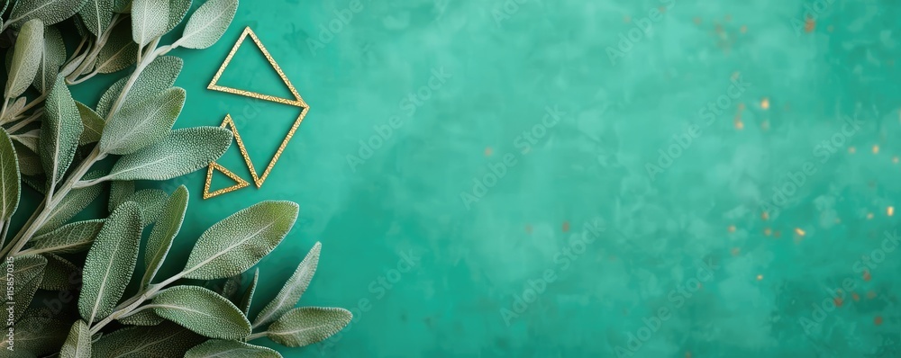 Aufkleber sage leaves abstract background concept. elegant green leaves with geometric shapes on a teal backgr