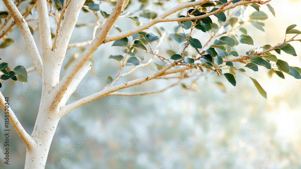 Poster Plane tree abstract background idea. Delicate leaves and branches of a tree basking in warm sunlight, creating a serene atmosphere.