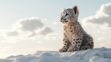 Fototapeta premium Adorable snow leopard cub sitting on snow, looking up at sunset.