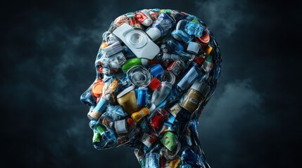 Environmental awareness art installation showcasing waste in a human form urban setting