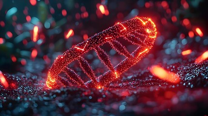 Digital visualization of a DNA helix, showcasing intricate molecular structures and data points, emphasizing genetic research and biotechnology advancements.