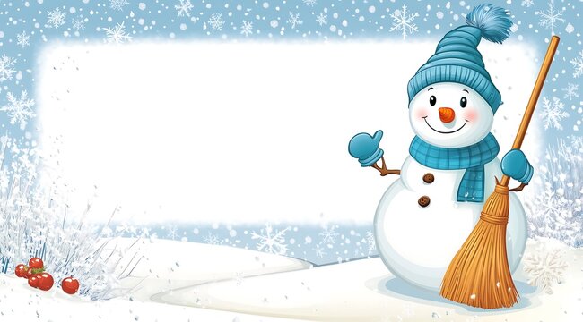 Boneco de neve festivo dos desenhos animados no fundo do inverno com espa&ccedil;o livre para texto

