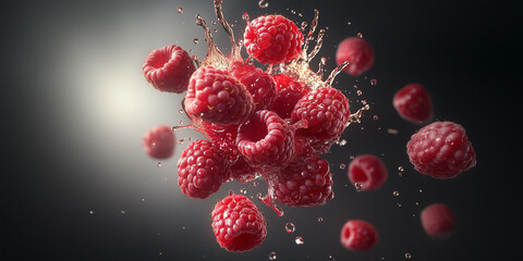 Raspberries slice with juicy splash on dark background.