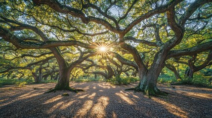 Majestic live oak trees at sunrise, sunlight shining through branches.