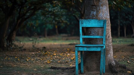 Rustic Blue Chair Leaning Against Tree in Serene Forest Setting