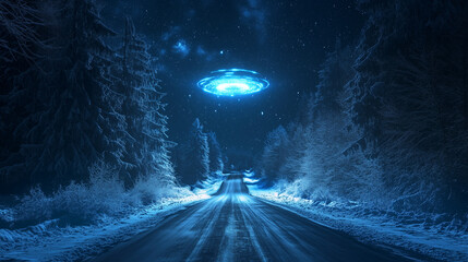 UFO przelatuje nad pustą drogą nocą, oświetlając zaśnieżony las jasnym, niebieskim światłem, tworząc tajemniczą i niepokojącą atmosferę.