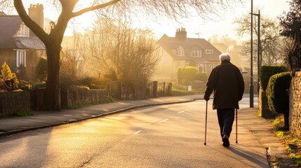 Elderly person walking with cane, symbolizing resilience and determination in the face of aging. Embracing life's journey with grace and perseverance.