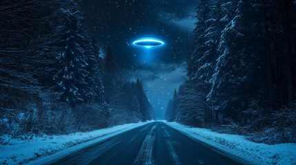 UFO przelatuje nad pustą drogą nocą, oświetlając zaśnieżony las jasnym, niebieskim światłem, tworząc tajemniczą i niepokojącą atmosferę.